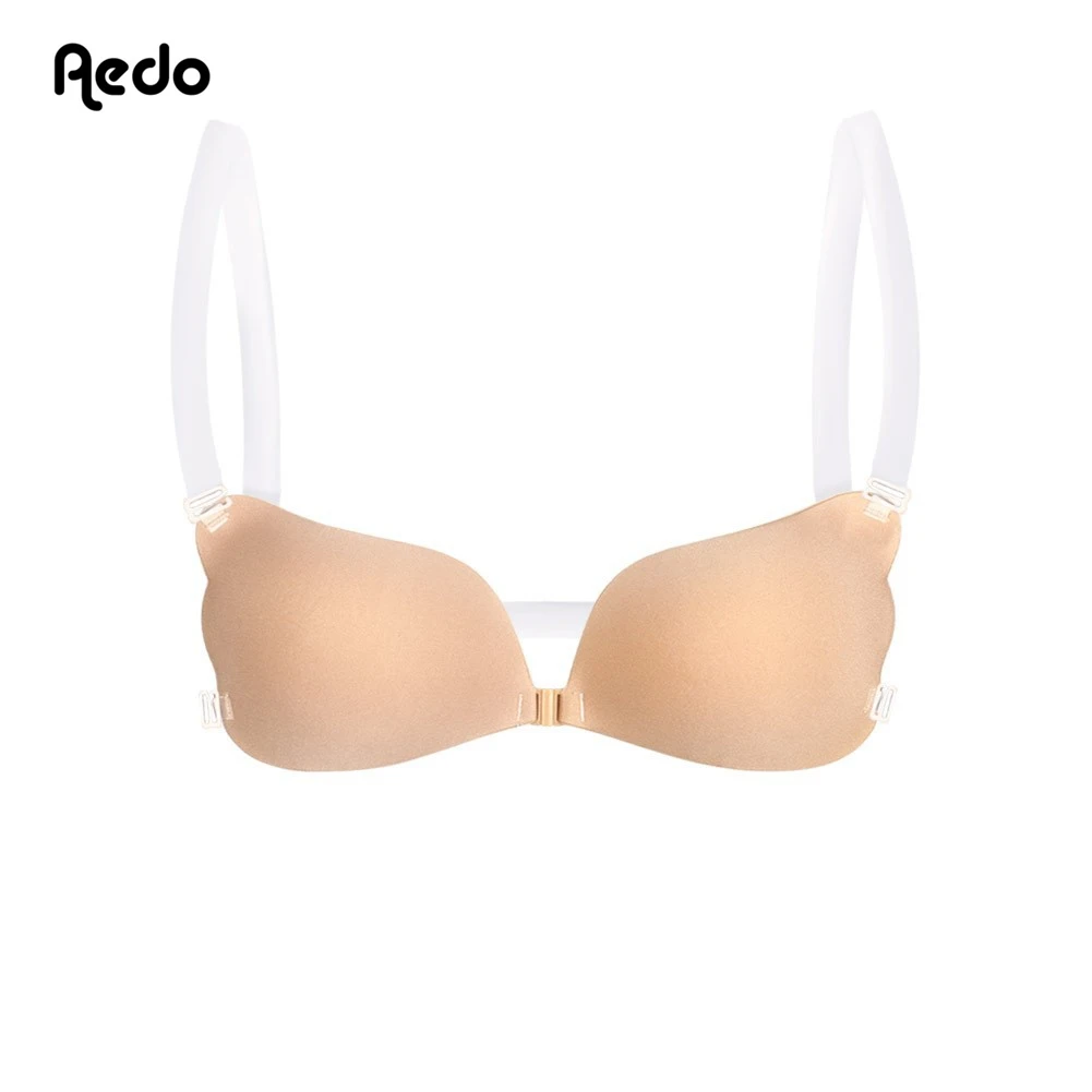 

Aedo Black Skin Round Sponge Self-adhesive Invisible Bra Women Seamless Adjusted-straps Backless Front Clasp Nude Bra 6005H