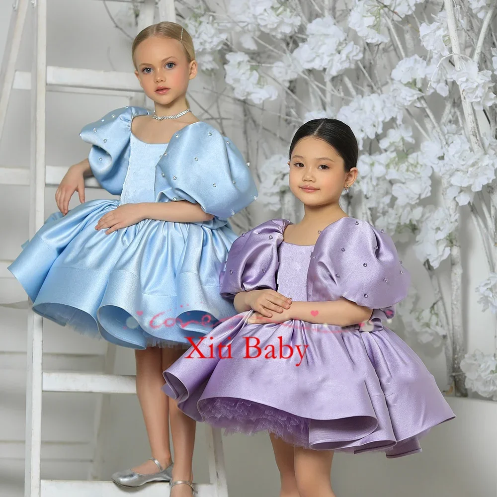 2024 Flower Girl Dress Scoop Neck Puff Girls Party Dresses for Wedding Short Sleeves Satin Kids Christmas Ceremonial Dress