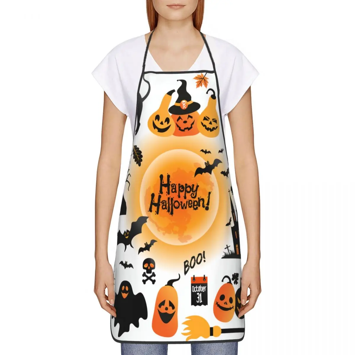 Custom Halloween Pumpkin Ghost Black Cat Ghost Castle Bat Full Moon Apron Chef Bib Tablier Cuisine Cooking Baking Painting