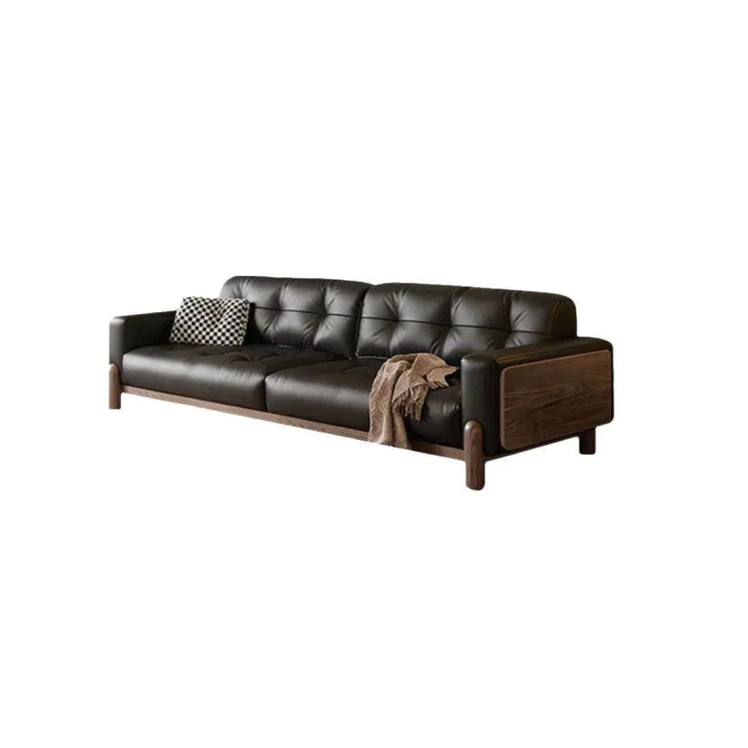 Leather sofa black first layer cowhide living room retro medium and ancient style straight row high-end solid wood sofa