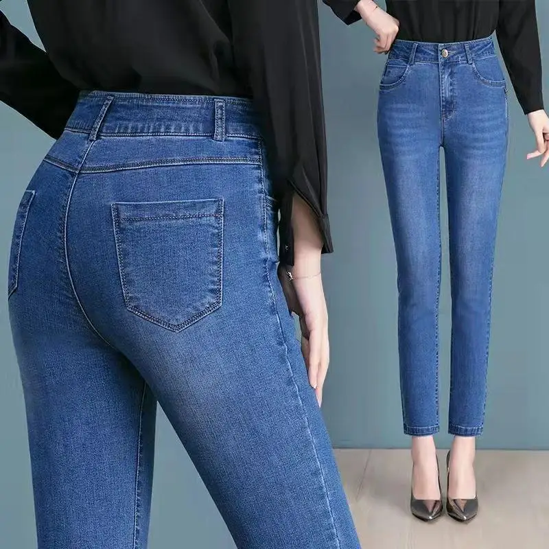 Pantalones vaqueros informales de algodón para mujer, Jeans cálidos de cintura alta a la moda, color azul, invierno y otoño, novedad de 2023