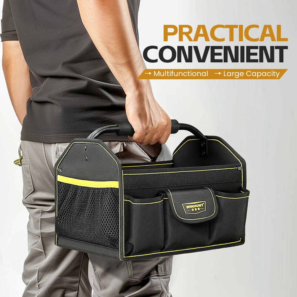حقيبة يد WINHUNT، حقيبة أدوات واسعة الفم مكونة من 10 جيوب، صندوق أدوات كهربائي عالي التحمل من الفولاذ الأنبوبي لتنظيم الأدوات والتخزين