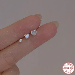 AIDE 3pieces 925 Sterling Silver Shiny Heart Zircon Earrings Set For Women Jewelry Ear Bone Piercing Ear Studs 3/4/5mm brincos