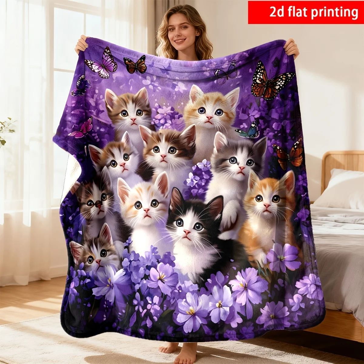 Premium Flannel Knit Throw Blanket for Couch Bed Decor Cute Kitten Floral Print Purple Lilac Fleece Throw Winter Gift Idea for C