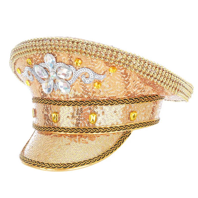 Oro paillettes uomo donna lusso Cosplay Steampunk cappello militare con strass Rave Rock Goth Festival Party Stage accessori