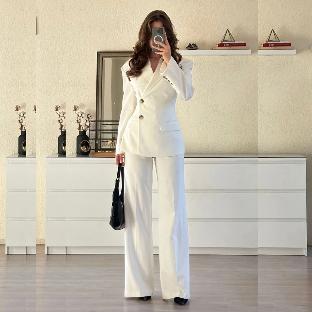 

Classic White Women two Pieces Suit Set Single Breasted Jacket Wide Leg Pants Sets Wedding Office Business Female Clothing