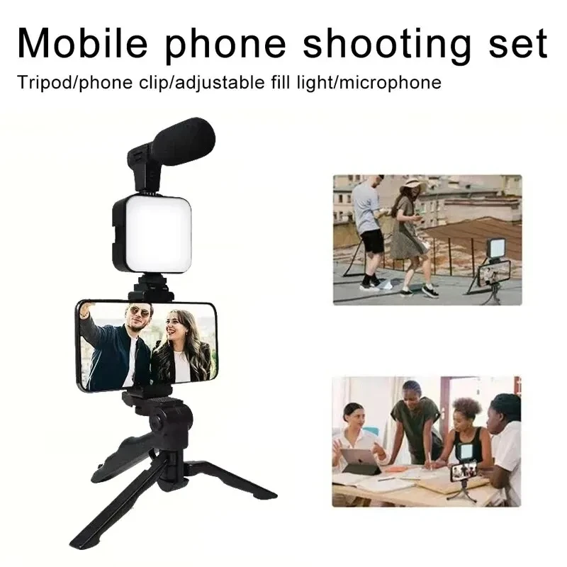 Roreta Smartphone Vlogging Kit Tripod Phone Holder Mini Microphone LED Fill Light Starter For TikTok Live Stream Video YouTube