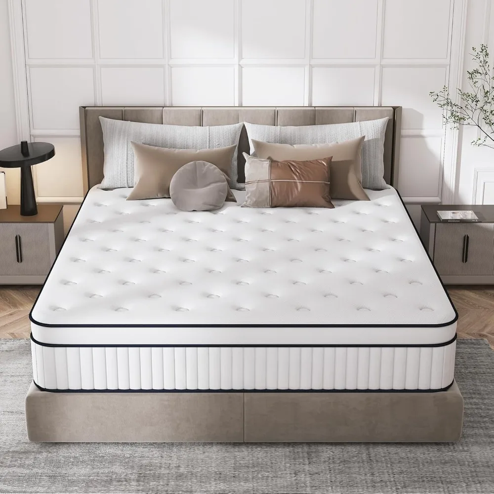 Queen Mattress, 14 Inch Queen Size Mattress in a Box, Hybrid Matterss Pocket Spring and Soft Foam, Ultimate Motion Isolation