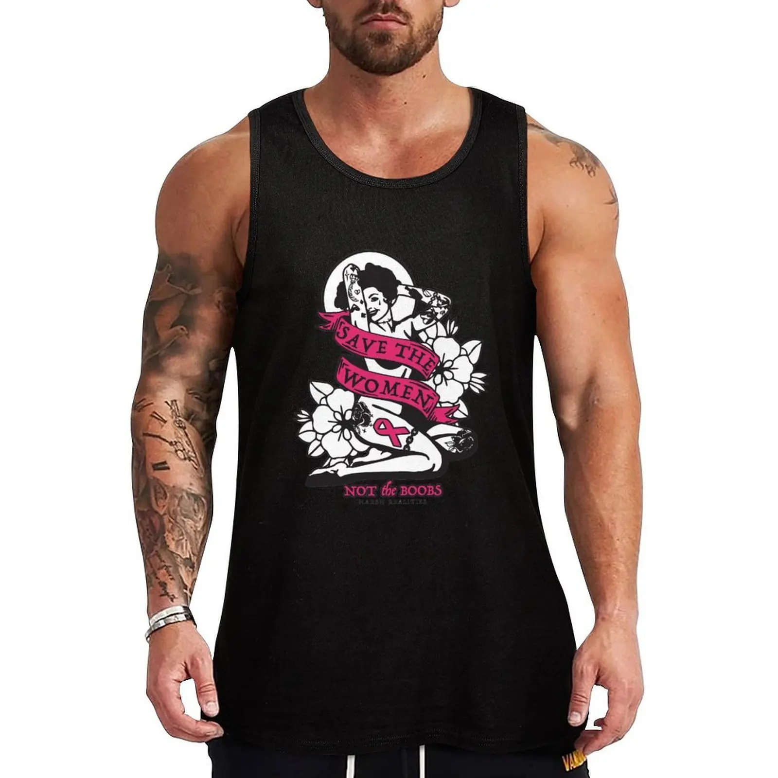 

Breast Cancer Pin Up Black and White. Cancer is a unfair fit Tank Top Sleeveless Workout Tank Top Muscle Fit Gym Shirt