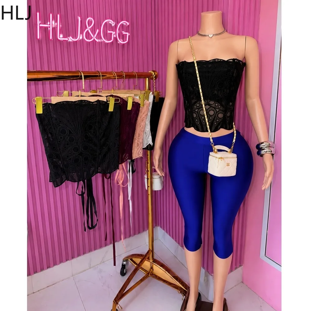 HLJ sexy Lace Hollowed-Out 2 Piece Outfit Women Sleeveless Backless Tube Corset Top and Capri Pants Matching Casual Streetwear