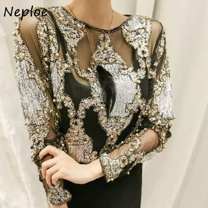 Neploe Heavy Beading Embroidery Ladies Tops Women Sequined Fashion Female Shirt Loose Long Sleeve O-Neck T-shirt Top Blusas