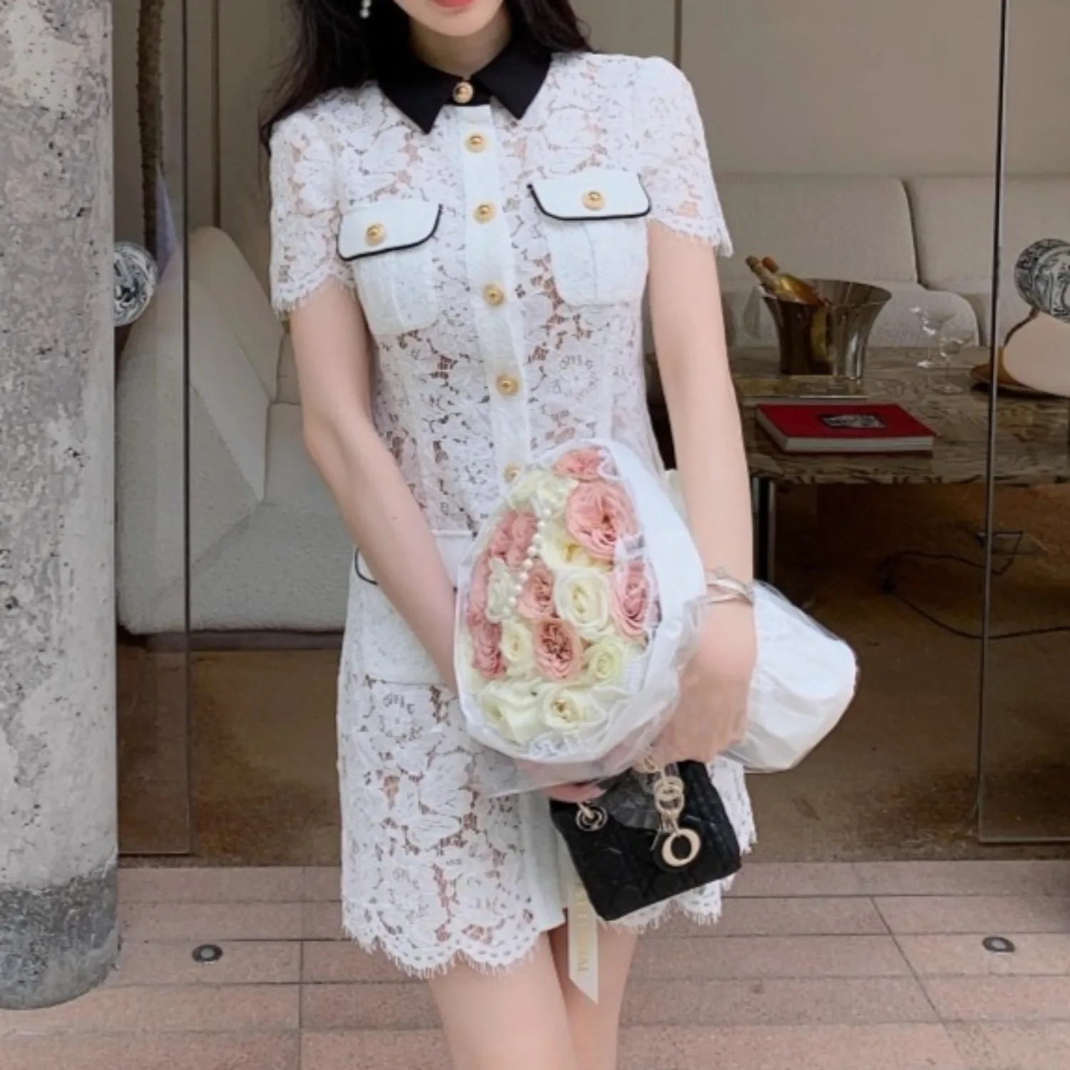 ชุดลูกไม้สีขาวผู้หญิง single-breasted Elegant MINI vestidos bodycon เอวสูง Chic PARTY ผ้าเลดี้ฤดูร้อน