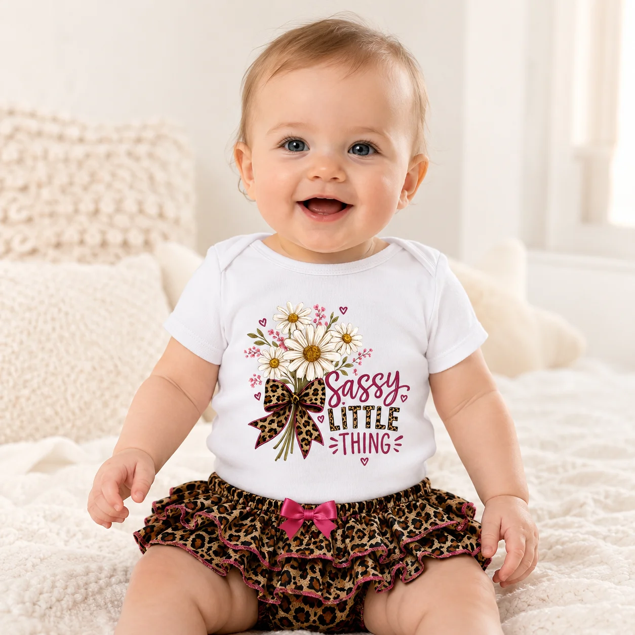 Neugeborenes Baby Mädchen Bodysuit Sassy Little Thing Gänseblümchen Leopardenmuster Kurzarm-Strampler Niedlicher Blumen-Schleifen-Strampler für Kleinkinder Sommer