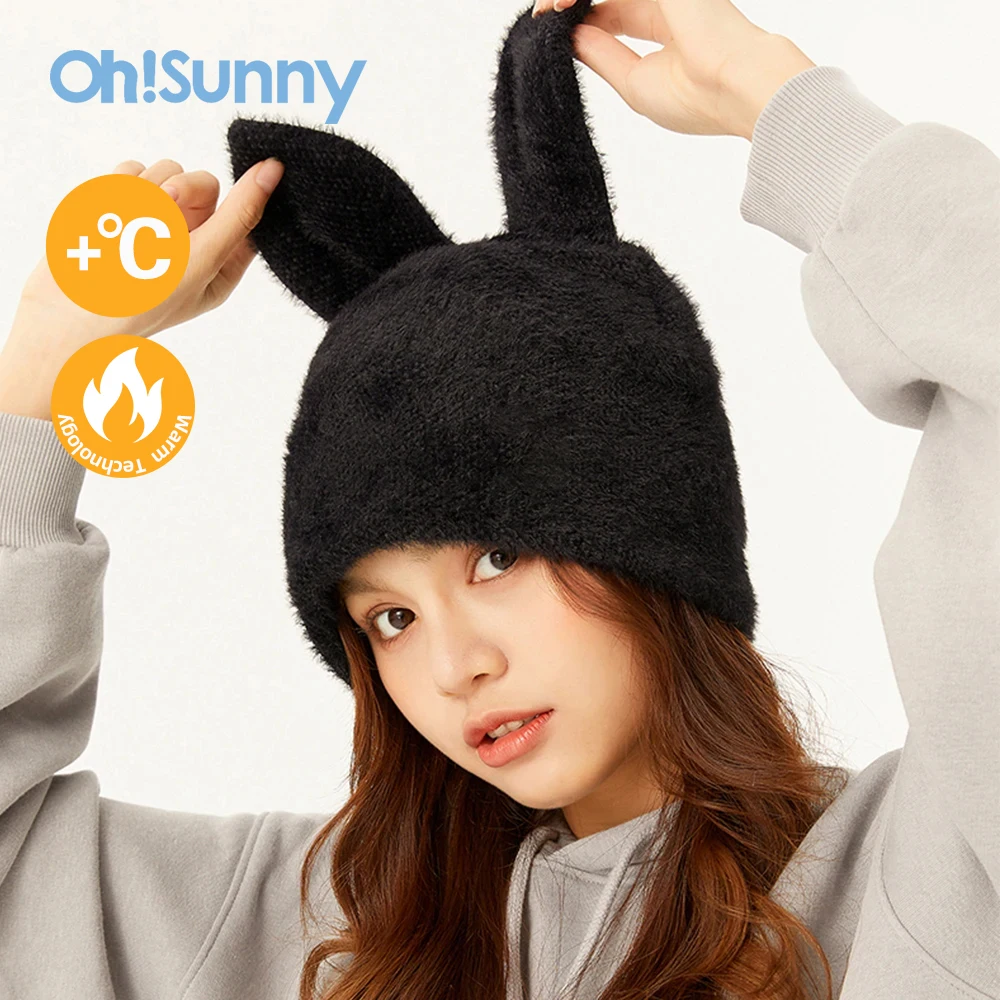 

Ohsunny Women Winter Hats Rabbit Ears Knitted Beanies Cute Pile Casual Skullies Cap Thick Autumn Warmer Outdoor Bonnets