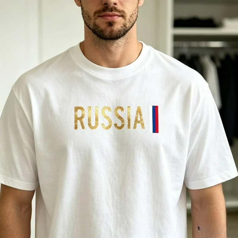 RUSSIA Gold Letter Print Men T-Shirt 100% Cotton Flag Color Stripe Graphic Tee National Pride Casual Streetwear Daily OutingTop