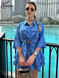 Oymimi Fashion Blue Cotton Women 2 Piece Set Outfit Lapel Three Quarter Sleeve Pockets Shirts + High Waist Ruffled Culottes Sets