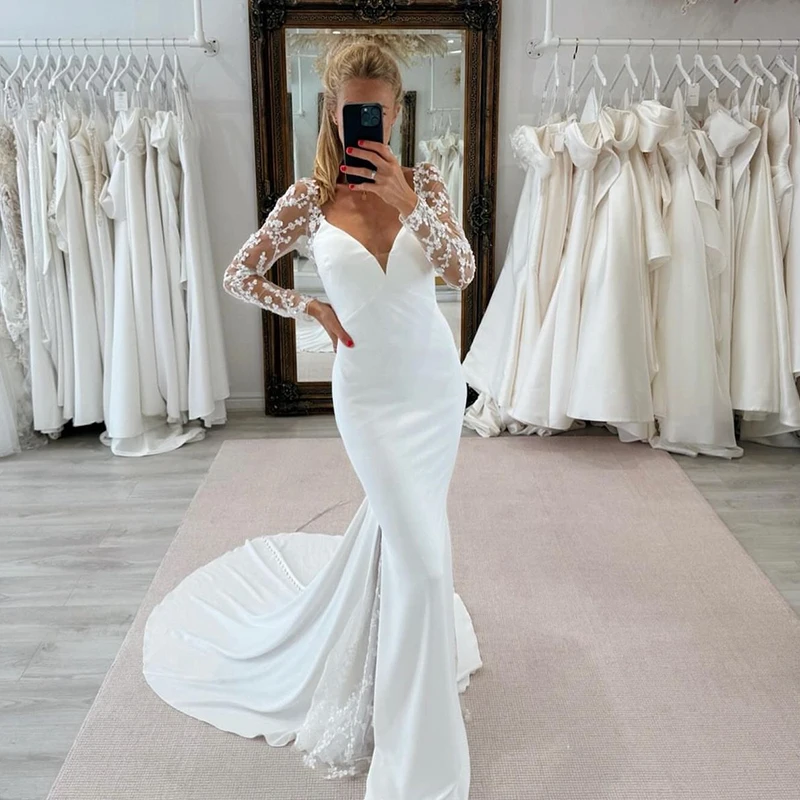 

Backless Wedding Dress Soft Satin With Embroidered Lace Mermaid Ball Gown V-Neck Full Sleeve Bridal Dress Button Vestido De Novi