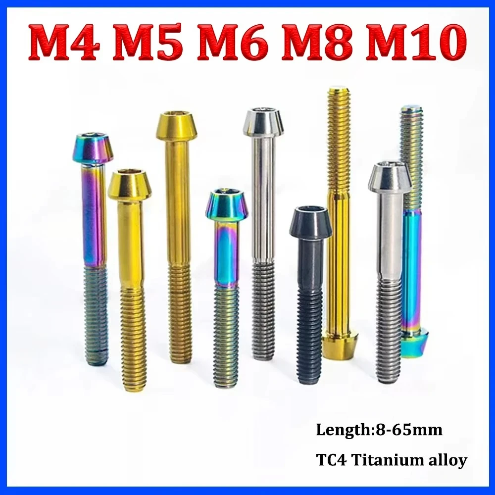 4Pcs Titanium Bolt M4 M5 M6 M8 M10 x 8 15 16 20 25 30 35 40 45 50 65mm Allen Key Taper Head Bolt Screw For Bicycle Stem Seatpost