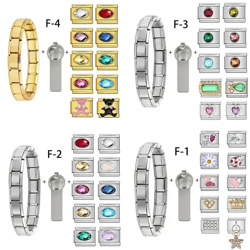 1Set Gold Silver Color With Zircon Stainless Steel Italian Bracelet Charms Set For Women Men Child Girl New Year Gift Jewelry