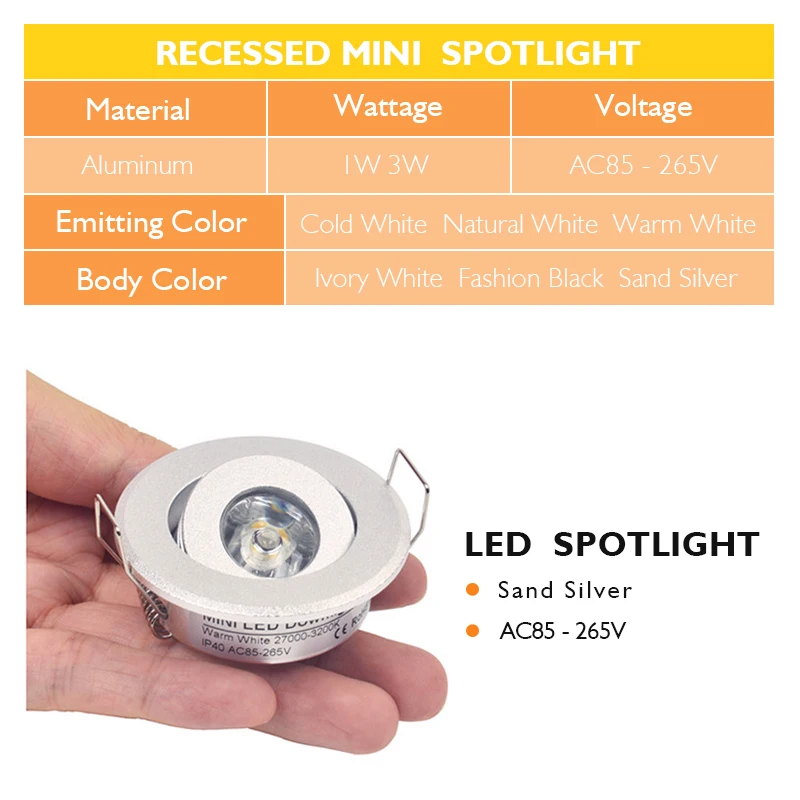 Mini Spot lumineux LED encastrable pour le plafond, lumière à intensité réglable, disponible en blanc, noir et argent, 3/1W, 85/265V, 110/220V, 10 unités