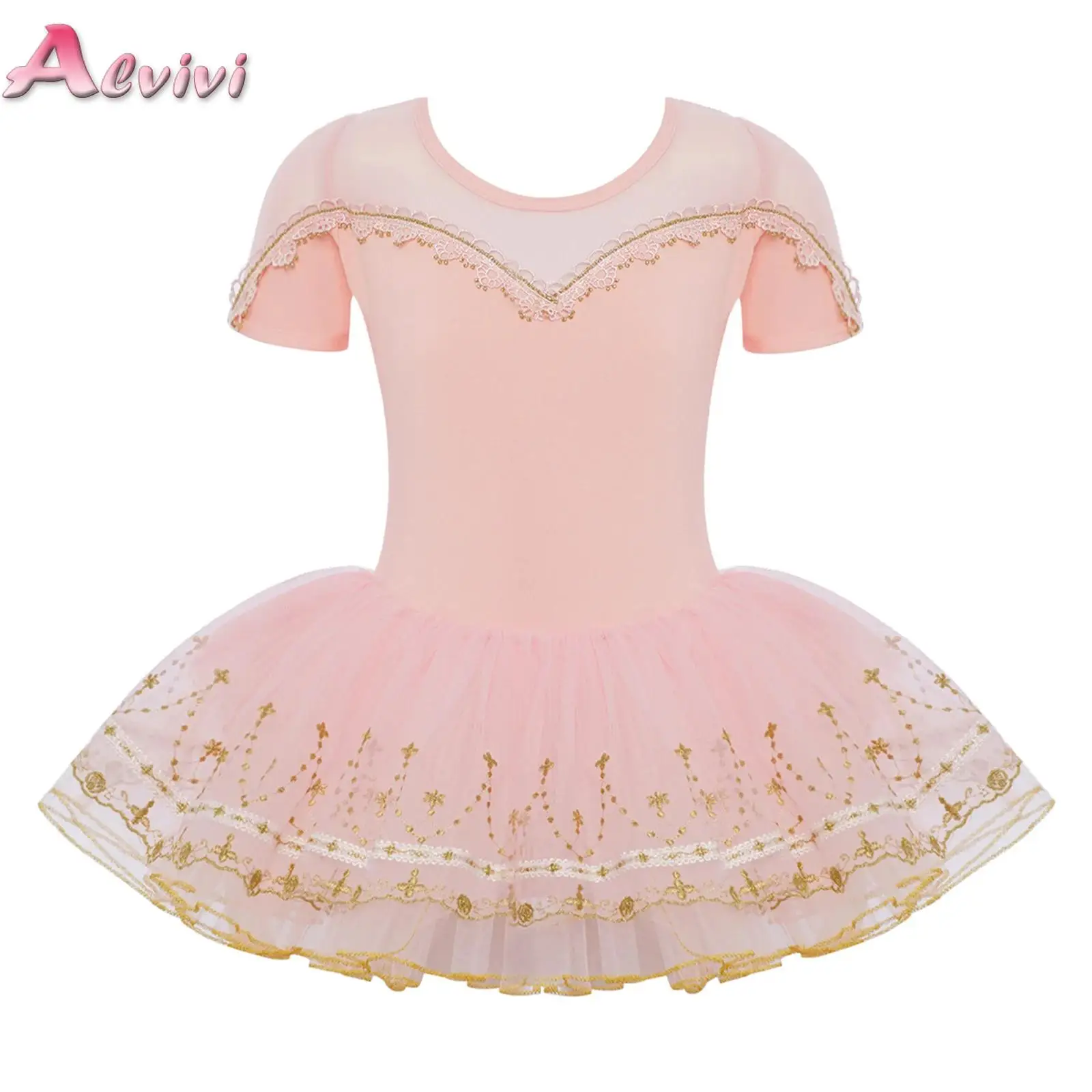 

Kids Girls Ballet Dance Performance Costume Sheer Mesh Patchwork Lace Trim Embroidery Tutu Dress Ballerina Party Dancewear