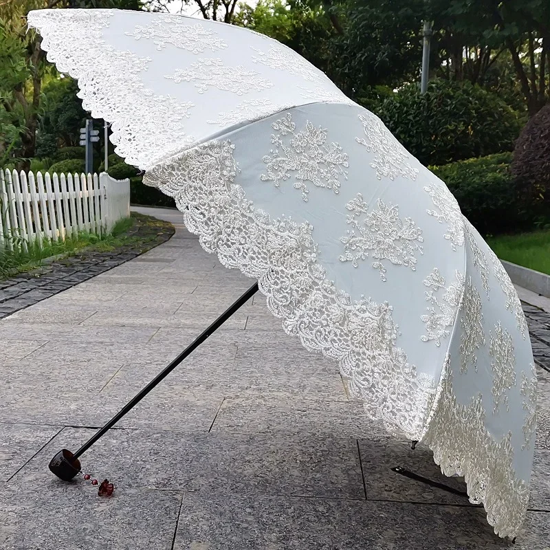 

Bla Lace Embroidery Sunade Umbrella UV Protection High End Luxury Rain And Sun Umbrella Manual Folding Stainl Steel