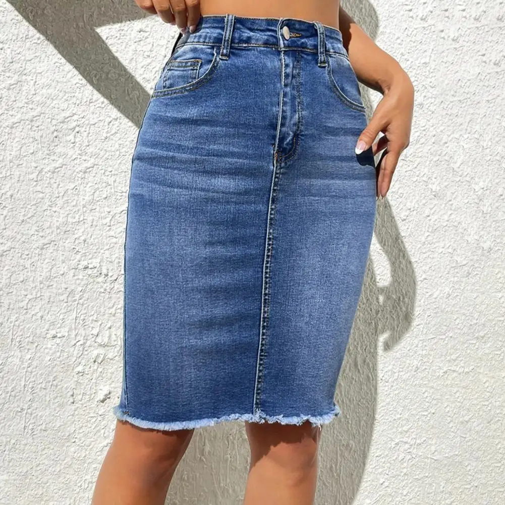 Women Denim Skirt High Waist Button Zipper Fly Midi Skirt Solid Color Hip Wrapped Tassel Hem Washed Skirt Falda Vaquero 데님 스커트