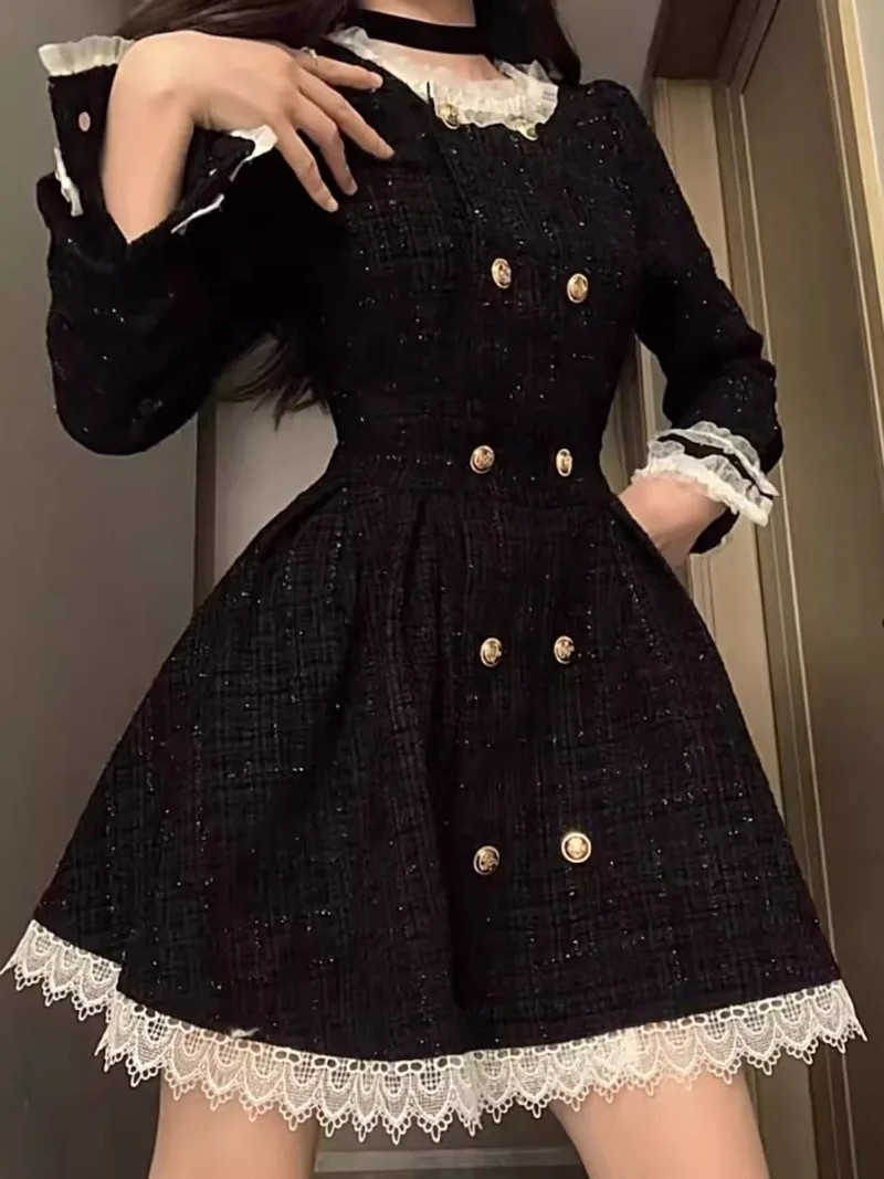 Temperament Coarse Tweed Plaid Dress Women Lace Splice Double Breasted French Flounce O-neck Sweet Slim Spring Chic Female Wear