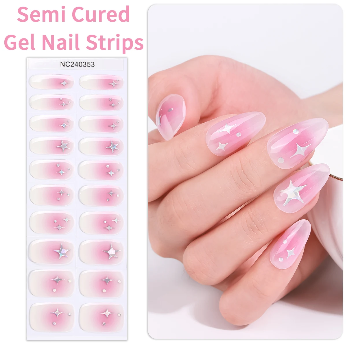 

20Tips Gradient Semi-Cured Gel Nail Strips Star Moon Heart Adhesive Sliders Gel Polish Nail Stickers DIY Manicure UV Lamp Need