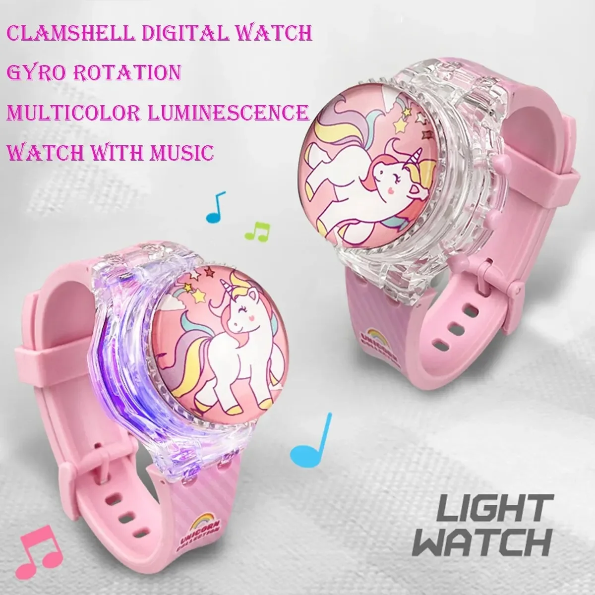 New Fashion Creative Gyro Turntable Unicorn Light up Watch Students Watch Colorful Horse Light up Electronic Display