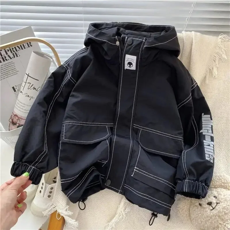 

Spring Autumn Kid Boys Hooded Jackets Zipper Solid Color Long Sleeve Children Boys Windbreak Casual Exterior Students Boys Coats