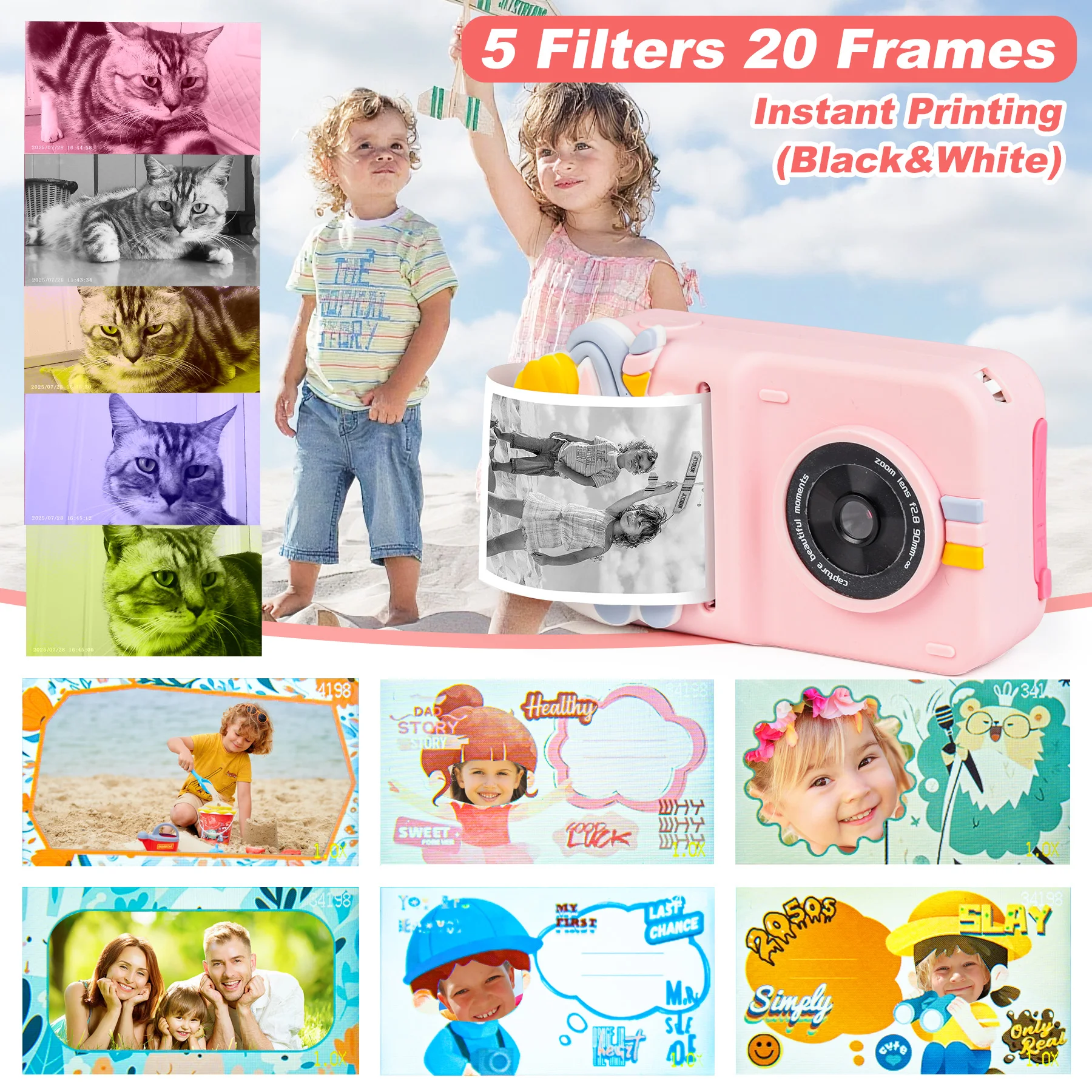 Câmera de impressão instantânea infantil Unilabo, vídeo selfie 1080P de lente dupla, presente de brinquedo portátil para idades de 3 a 12 anos com 3 rolos de papel e cartão 32G