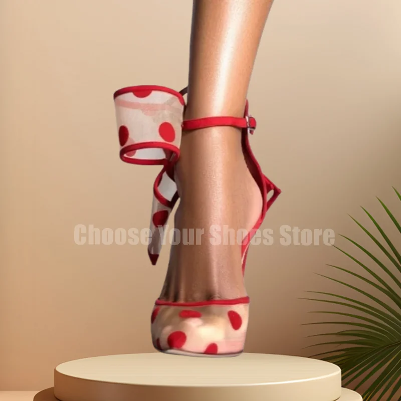 2025 Sexy Mesh Grid Bogen High Heel Schuhe Frauen Spitz Dünne Fersen Kleid Schuhe Rote Punkte Ankle Strap Pumpen