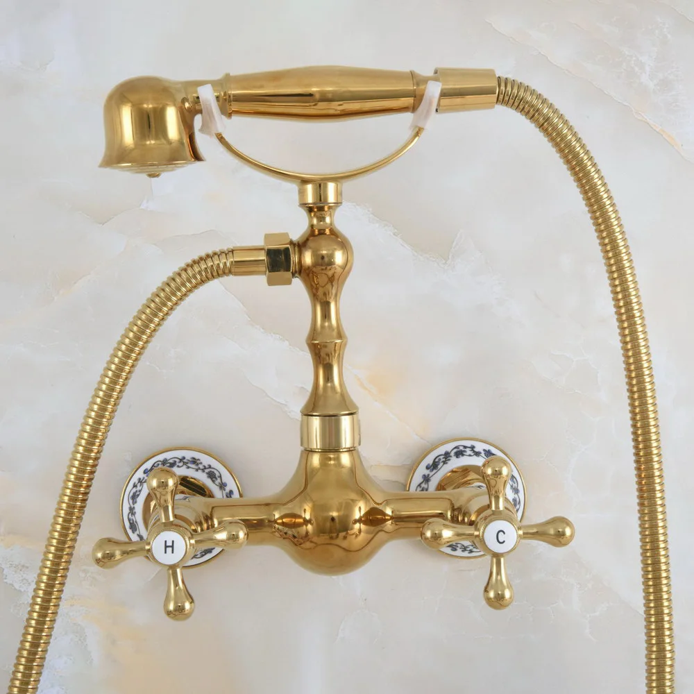 

Polished Luxury Golden Brass Wall Mounted Bathroom Shower Faucet Set with 1.5M Hose Handheld Spray Head Mixer Tap Dna827