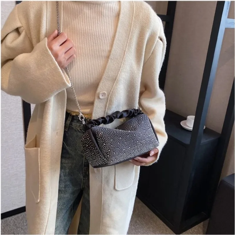 Luxury Diamond Denim Handbags Women 2024 New Soft Rhinestone Chain Strap Crossbody Bag Fashion Pleated Small Shoulder Bag Female