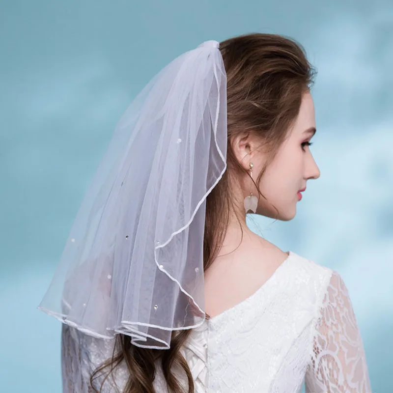 Velo de perlas con cuentas de cristal, velo de novia corto de una capa, velo de novia de flores, accesorios de novia, boda de marfil blanco