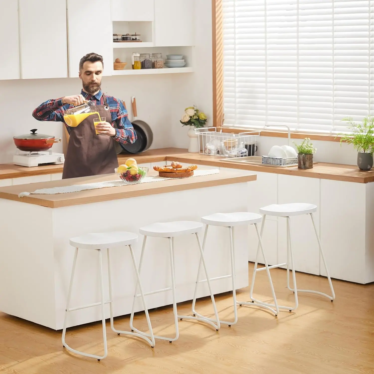 Bar Stools, Saddle Seat Bar Stools with Metal Legs, Rustic Backless Counter Height Stools, Industrial Wood Counter Stools