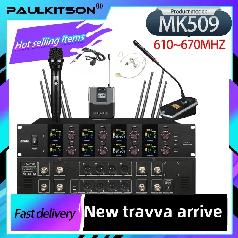 Paulkitson MK509 Professional Wireless Microphone Eight Channel UHF 610-670MHz Highend Conference Singer Collar Clamp Microphone