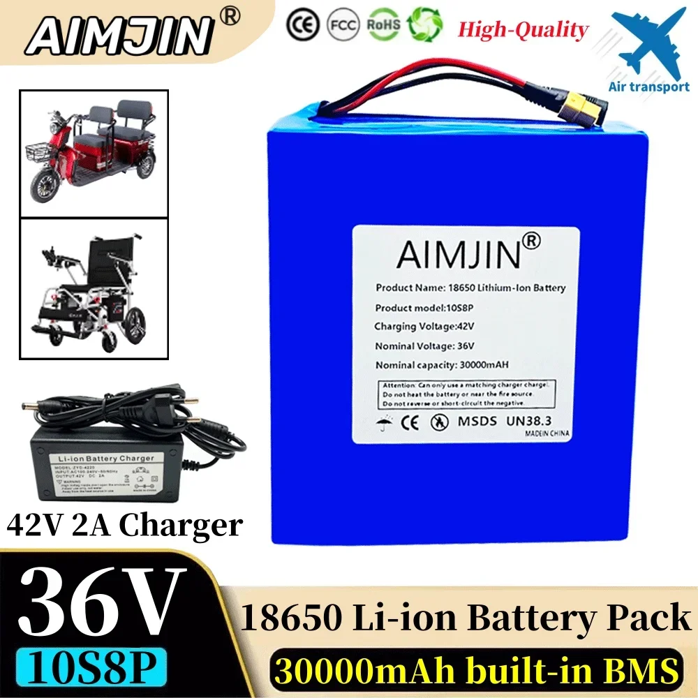 

36V 30Ah 18650 10S8P A-class lithium battery pack, 1500W built-in BMS, suitable for various energy storage backup+42V 2A Charger