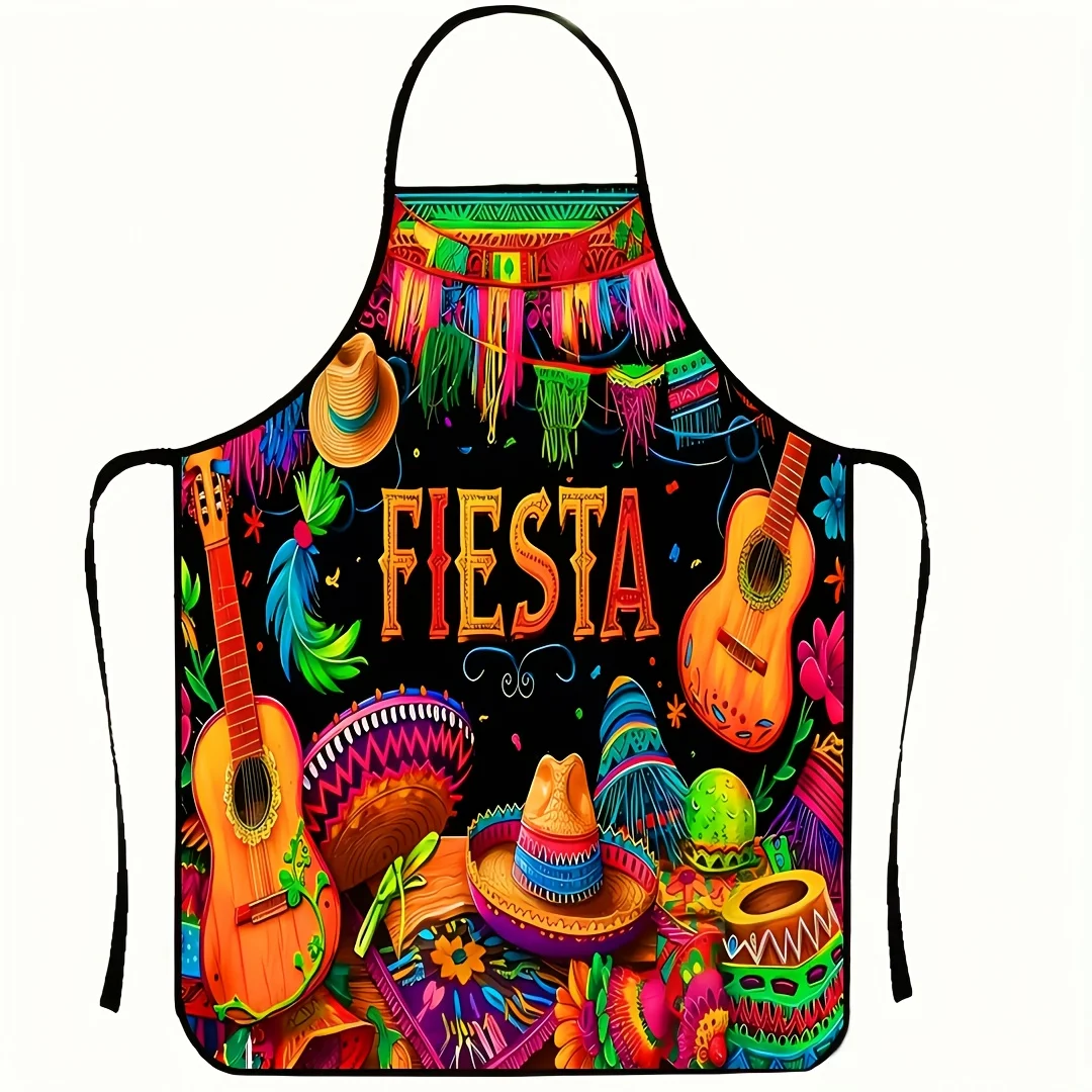 

Vibrant Mexican Fiesta Apron with Cactus, Guitar, and Sombrero Print - Colorful Polyester Party Decoration for Kitchen or Dining