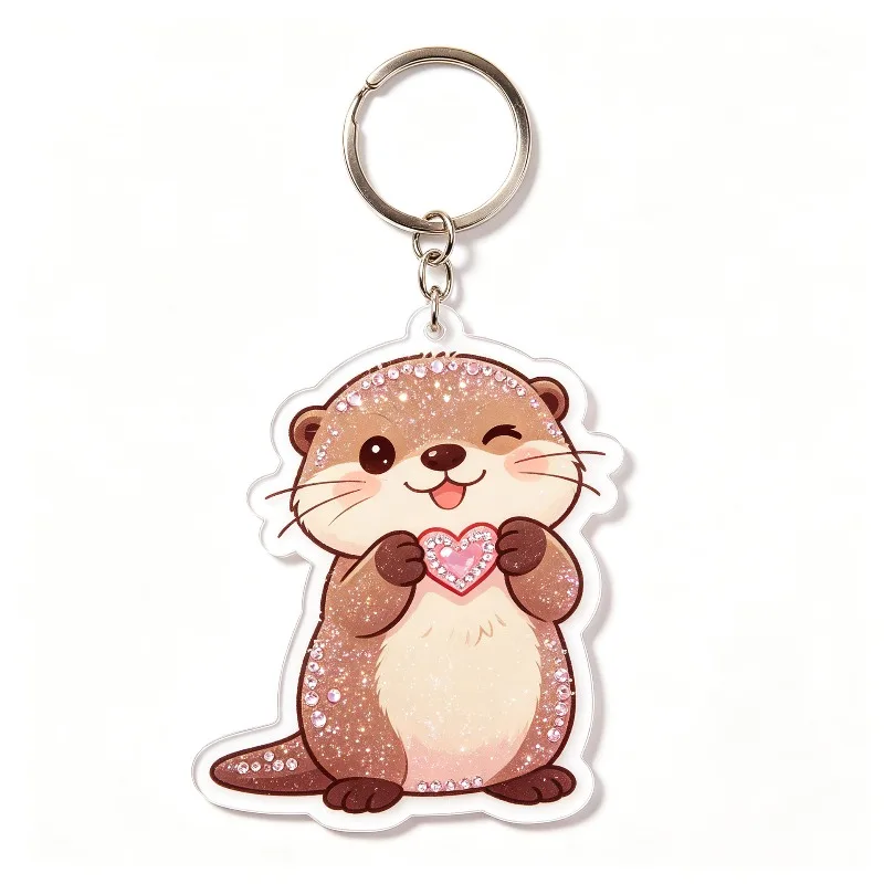 New Valentine's Day Sparkling Diamond Otter Acrylic Keychain Rose Love Couple Backpack Keyring Hanging Decoration Pendant Gifts view 2