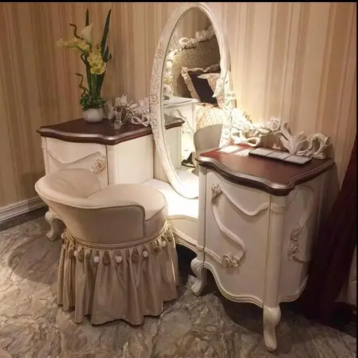 Mirrored Cabinet,Graceful Antique White Vanity Dresser With Mirror, Solid Wood Hand Carved Streamer Deco Princess Bedroom Furnit