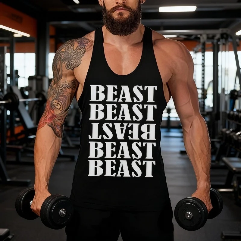 

Мужская стильная майка для спортзала с Y-образным вырезом и принтом, хлопковая быстросохнущая майка без рукавов для бодибилдинга, подъемный спортивный жилет для фитнеса и тренировок