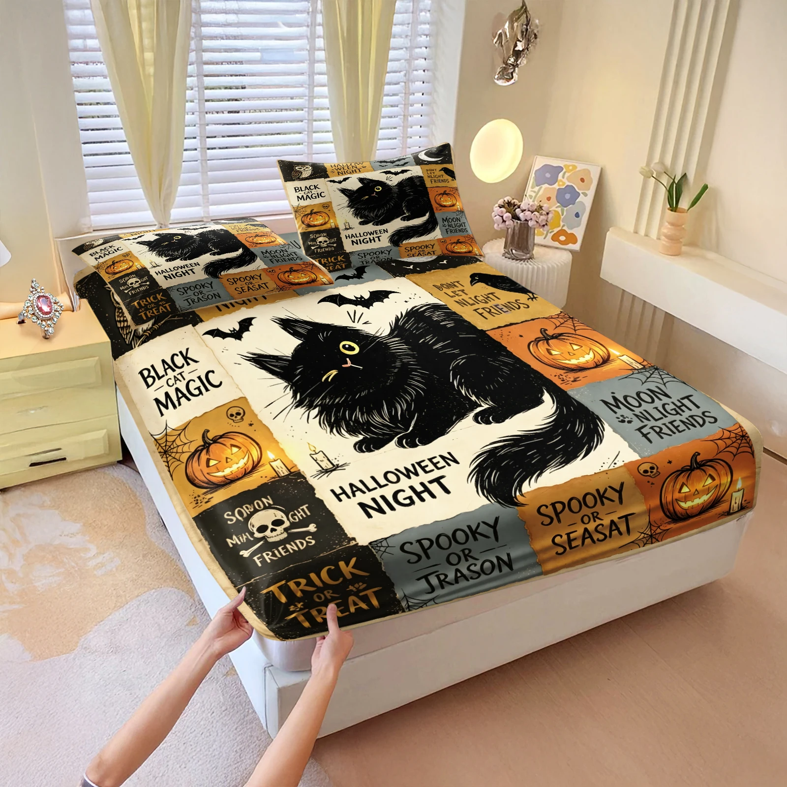 Retro Halloween Fitted Sheet Black Cat Pumpkin Skull Bat Patchwork Print Elastic Mattress Cover Soft Breathable Holiday Bedroom