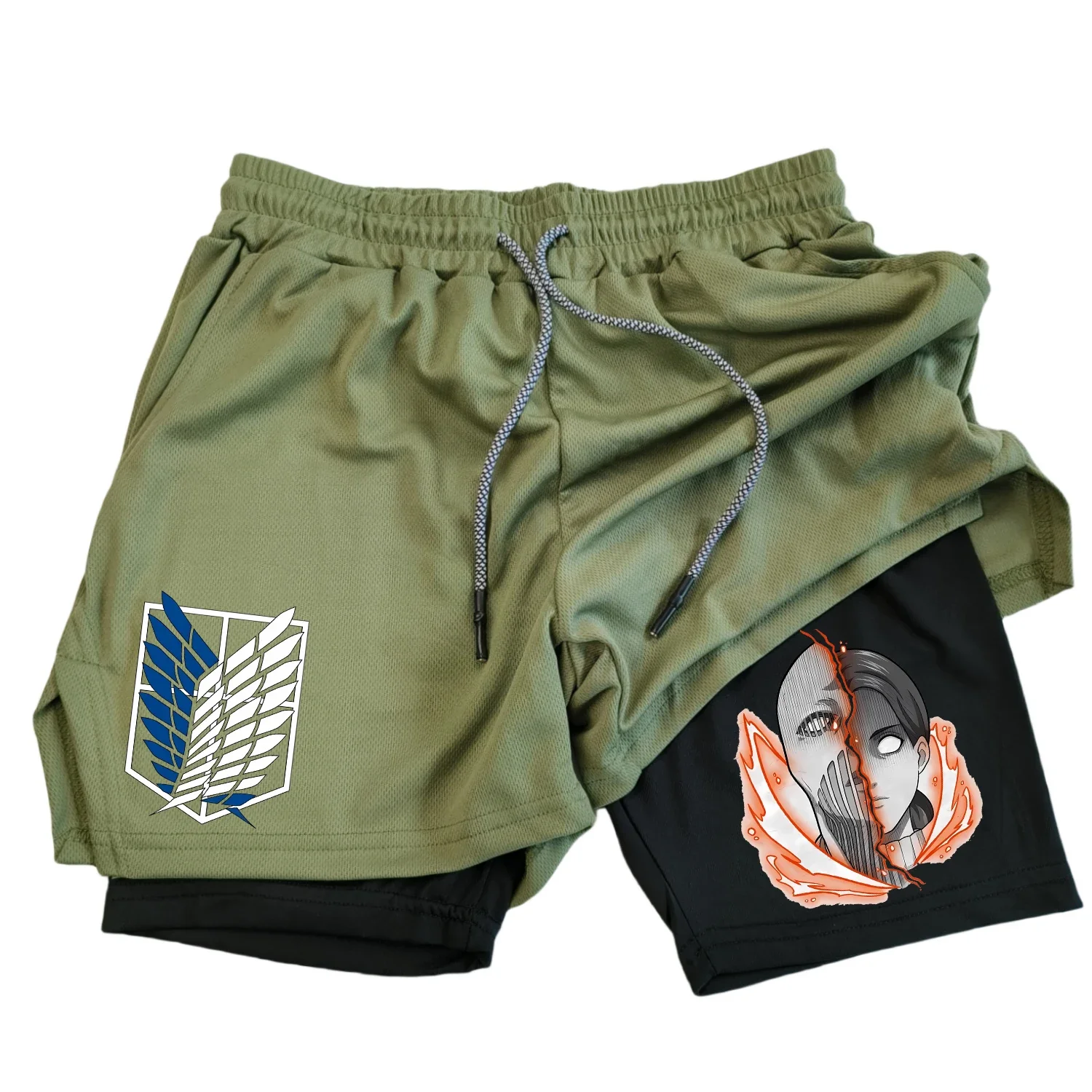 Anime Attack on Titan Men\'s Shorts 2 in 1 Sports Shorts Quick drying Breathable Sports Fitness Shorts Outdoor Running