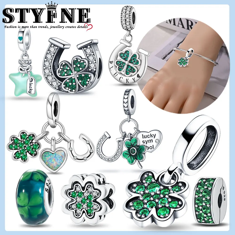 Green Series 925 Sterling Silver Four-leaf Clover Heart Shape Horseshoe Triple Dangle Charm Fit Bracelet Necklaces DIY Jewelry