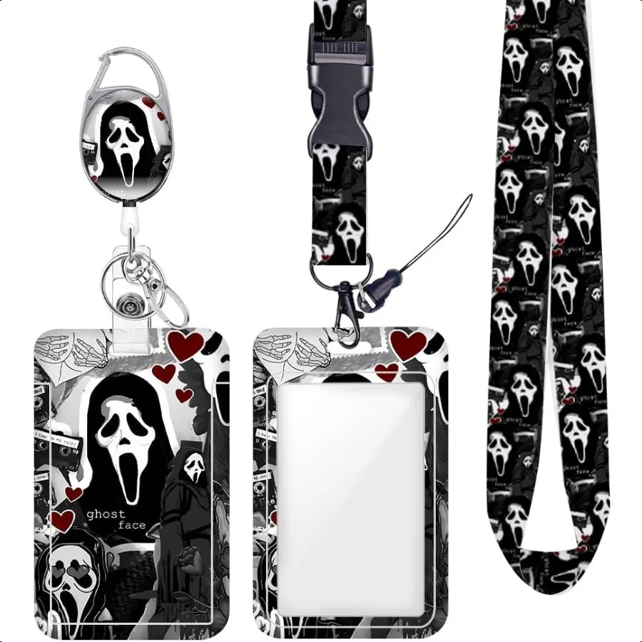 

Funny Ghosts Face ID Badge Holder with Lanyard Retractable Badge Reel Horror Movie Gifts Lanyards for ID Badges Vertical ID Pro
