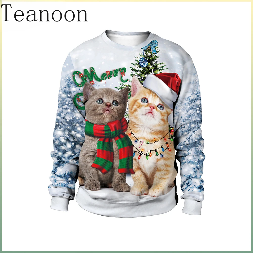 Teanoon Ugly Christmas Sweater for Men Funny Xmas Novelty Sweatshirt Dog Cat Print Pullovers Outfit Long Sleeve Hoodie Clothes