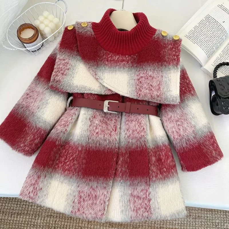 Kids Girls Jacket Coat Outwear Sweet Thicken Winter Woolen Coat for Girls Outdoor Overcoat Children's New Year Clothes With Belt