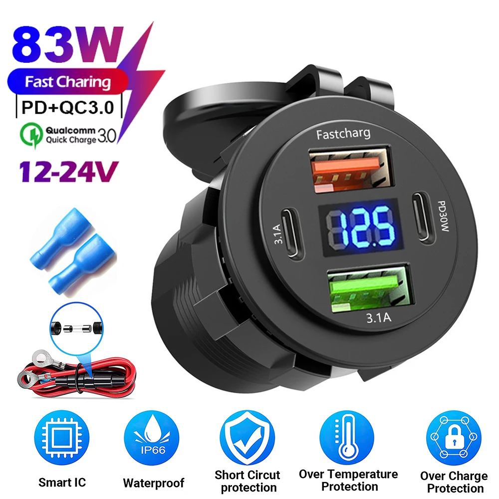 【セール中】防水 83 ワット最大オートバイ充電器ソケット PD30W 急速充電 22.5 ワットデュアル USB + タイプ C コンセント電話電源アダプタと電圧計